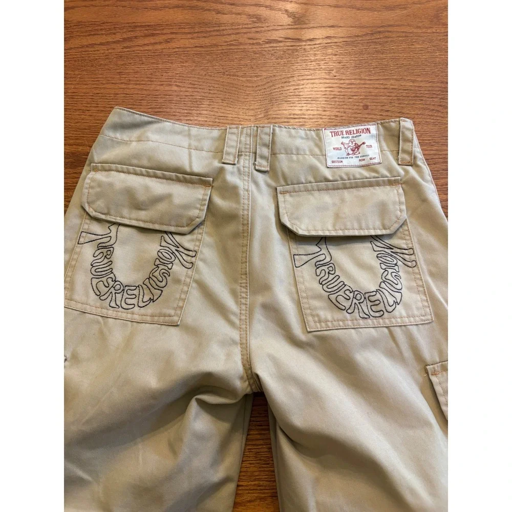 True Religion Mens Khaki Cargo Pants Tan Wide Leg Y2K Horseshoe Logo Size 28